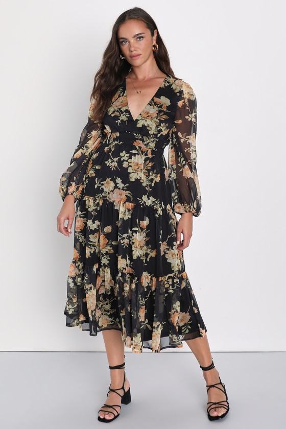 Black Floral Chiffon Dress - Midi Dress - Tiered Cutout Dress - Lulus