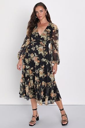 Black Floral Chiffon Dress - Midi Dress - Tiered Cutout Dress - Lulus Black Floral Chiffon Dress - Midi Dress - Tiered Cutout Dress - Lulus