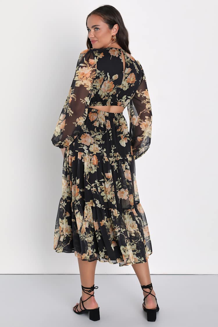 Black Floral Chiffon Dress - Midi Dress - Tiered Cutout Dress - Lulus