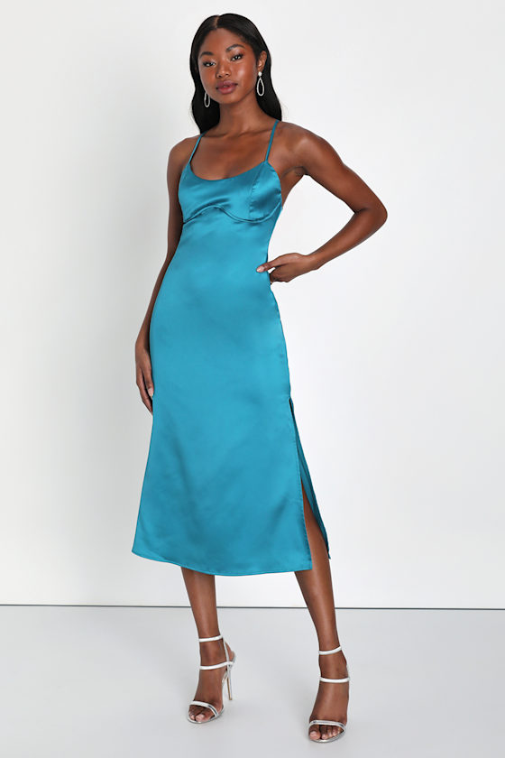 Sexy Teal Blue Dress UnderBust Seam Dress Satin Midi Dress Lulus