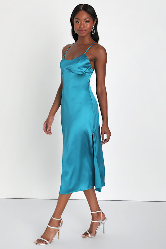 Sexy Teal Blue Dress - Under-Bust Seam Dress - Satin Midi Dress