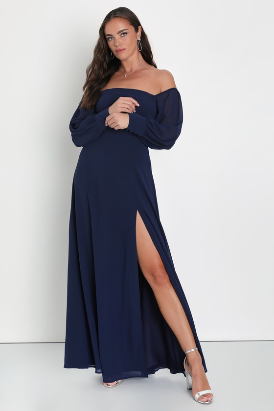 Lulus Feel The Romance Navy Blue Off-the-shoulder Maxi Dress