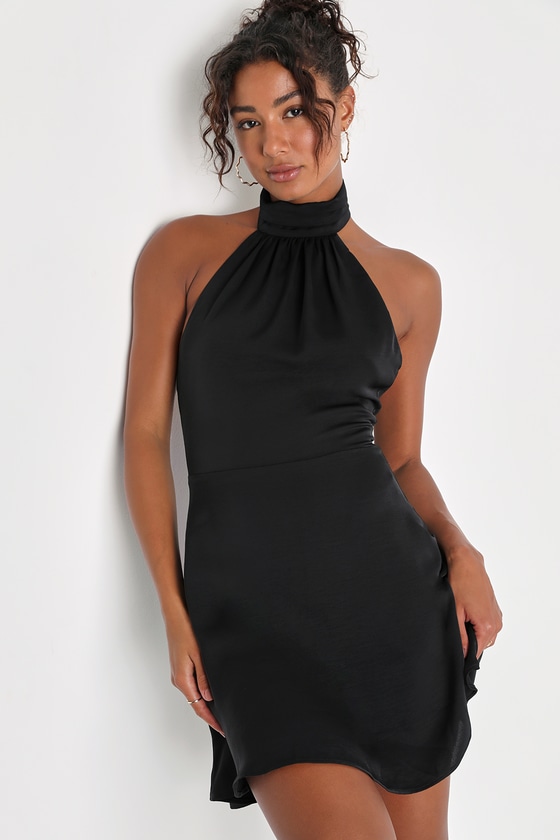 Lulus Give 'em Glam Black Satin Sleeveless Halter Mini Dress