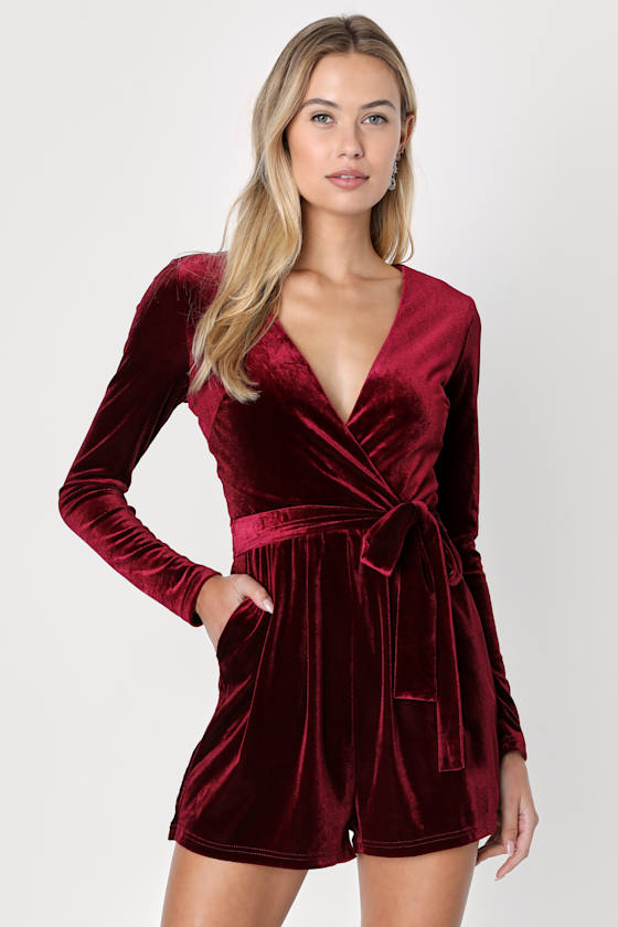Romantic Moves Burgundy Velvet Long Sleeve Romper 10
