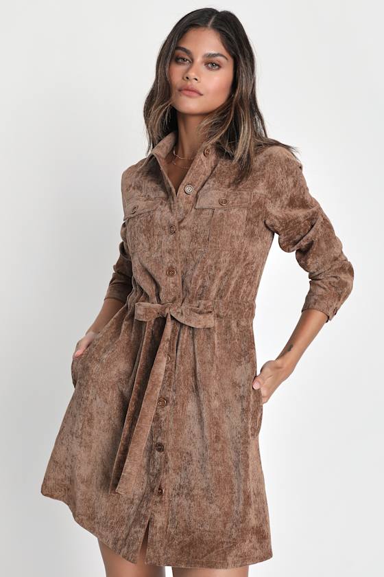 LULUS SIMPLE AFFECTION BROWN CORDUROY MINI DRESS WITH POCKETS