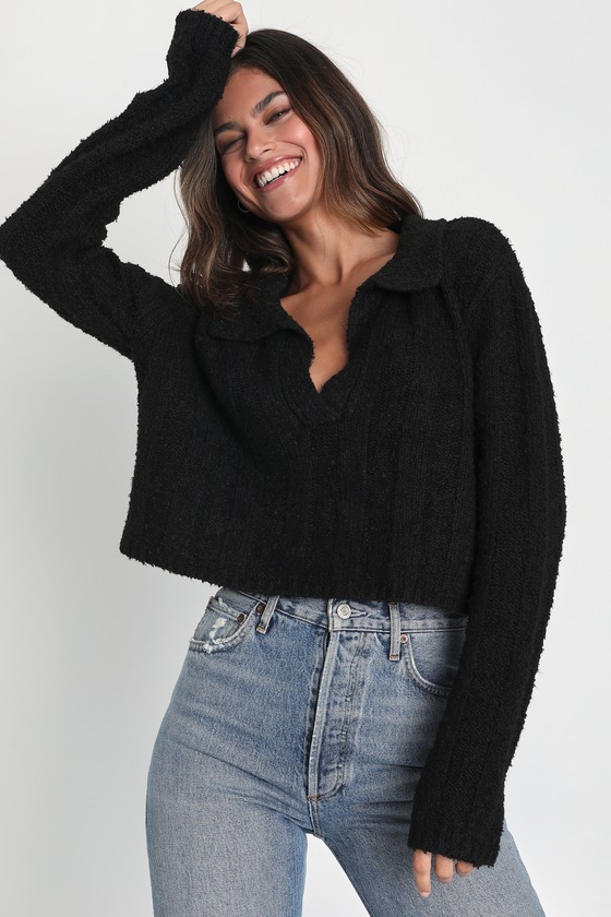 Black Sweater Top - Long Sleeve Sweater Top - Collared Sweater - Lulus