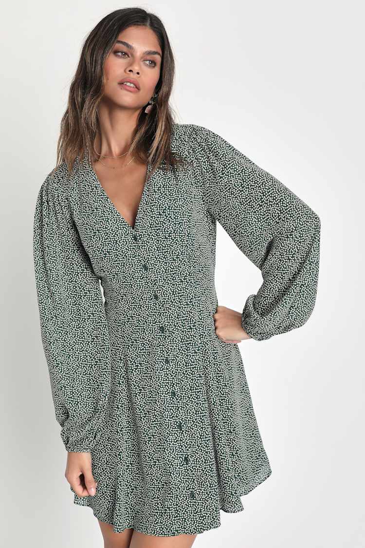 Green Dot Print Dress - Long Sleeve Mini Dress - A-Line Dress - Lulus