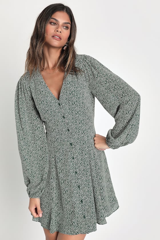 Linn Midi Long Sleeve Dress Dark Green Dotted