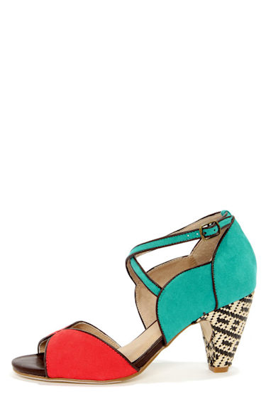 Chelsea Crew Nelly Teal and Red D'Orsay Peep Toe Heels