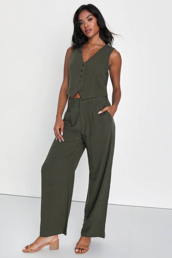 Lulus Suits You Perfectly Olive Green Linen Wide Leg Pants