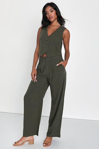 Suits You Perfectly Olive Green Linen Wide Leg Pants 8