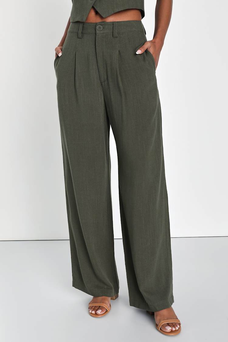 Olive Green Linen Wide-Leg Pants | Womens | Small (Available in XXL, XS, M, L) | Rayon/Linen | Lulus