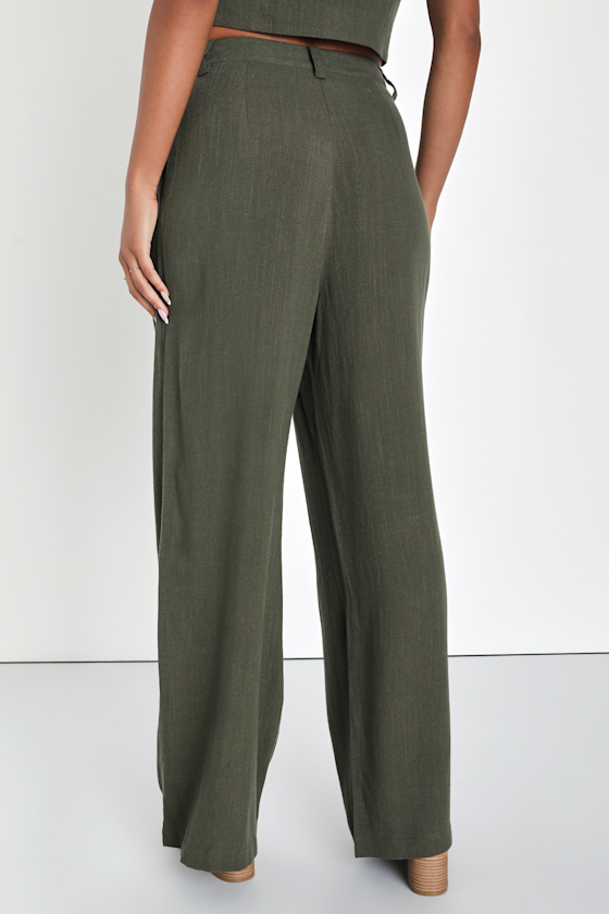 Suits You Perfectly Olive Green Linen Wide-Leg Pants - thumbnail 4