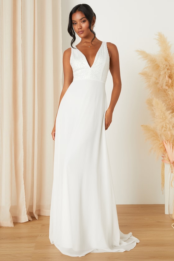 Lulus Adoring Vow White Chiffon Sheer Mesh Sequin A-line Maxi Dress
