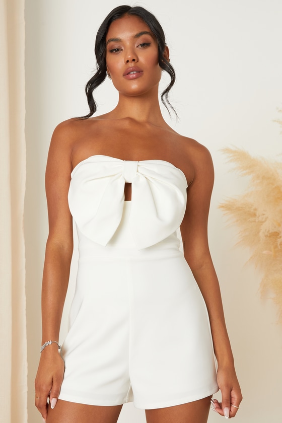 Lulus Memorable Status Ivory Strapless Bow-front Cutout Romper