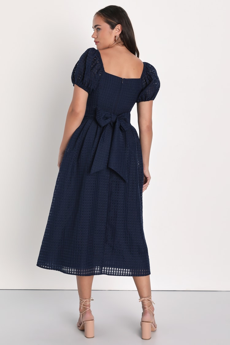 Certain Charisma Navy Blue Textured Puff Sleeve Midi Dress