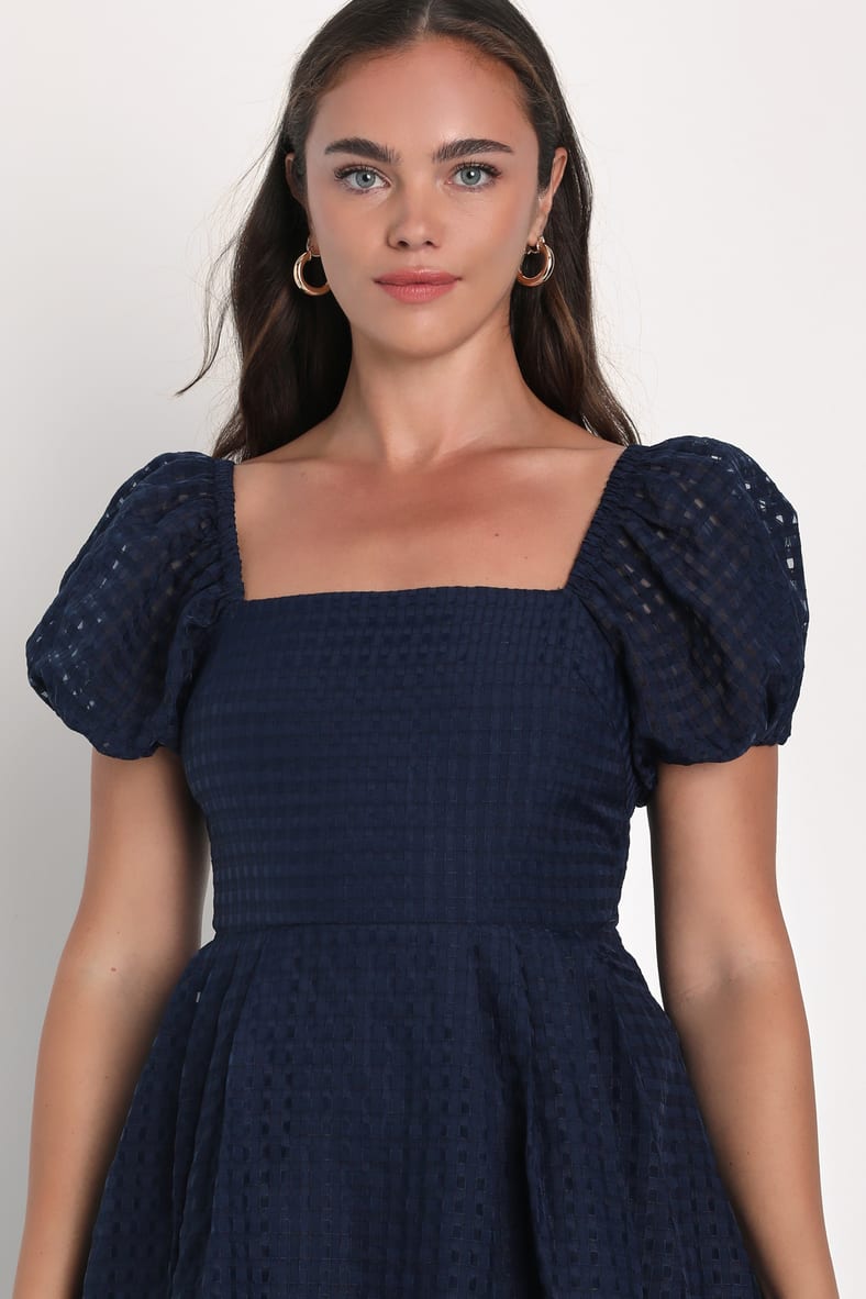 Certain Charisma Navy Blue Textured Puff Sleeve Midi Dress