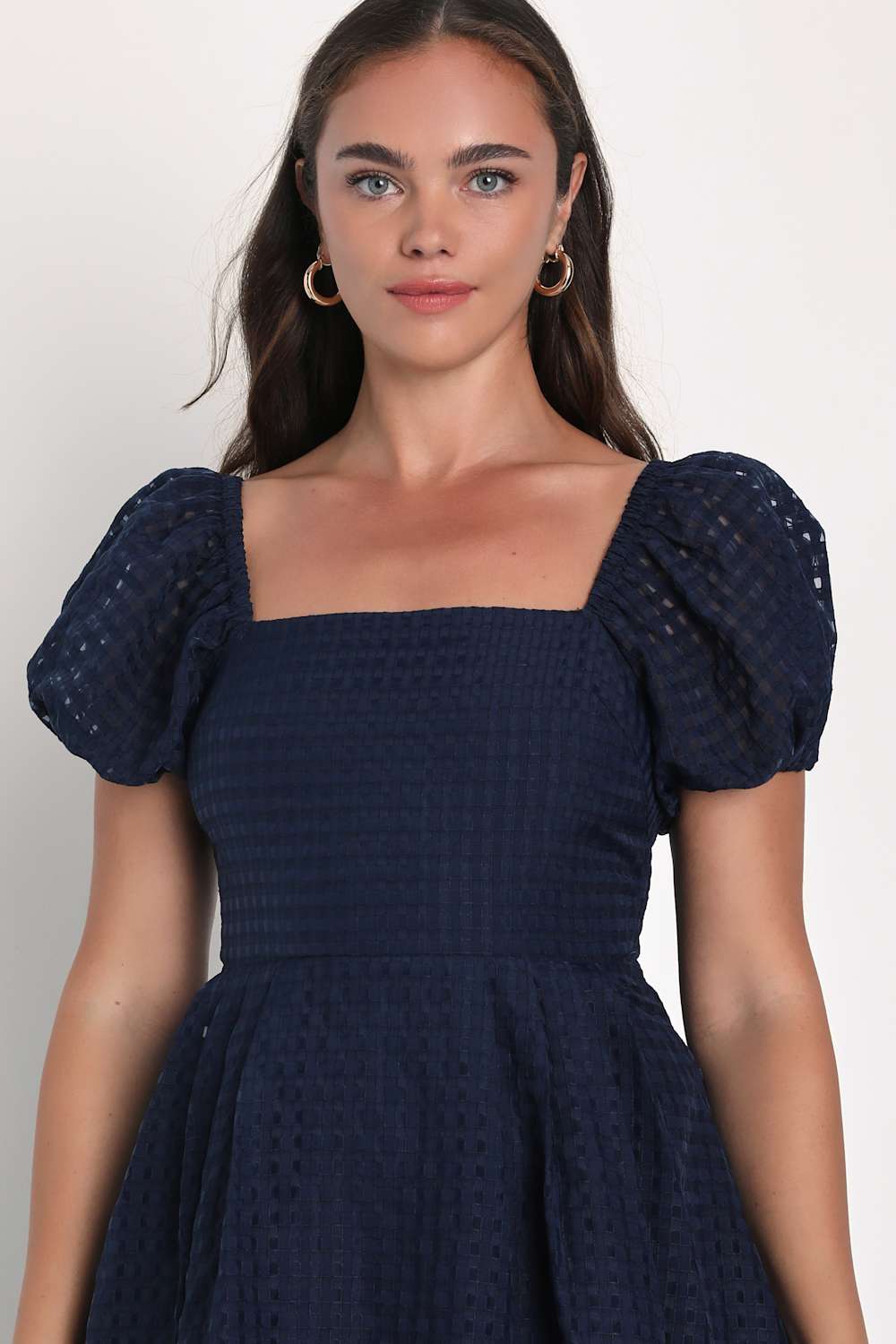 Certain Charisma Navy Blue Textured Puff Sleeve Midi Dress