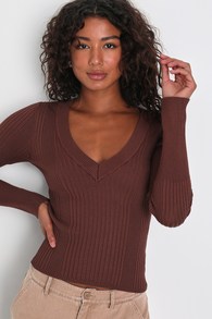 Chic Observations Brown Ribbed V-Neck Sweater Top