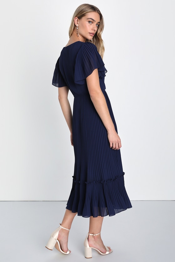 Navy Blue Pleated Dress - Flutter Sleeve Dress - Chiffon Midi - Lulus