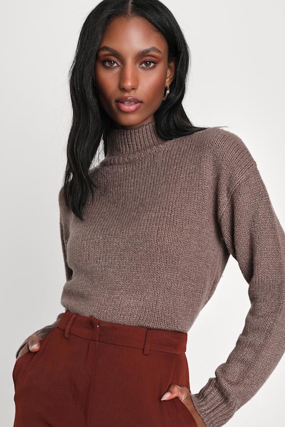 Heather Brown Sweater Mock Neck Sweater Cropped Pullover Lulus