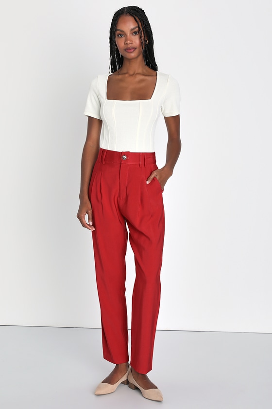 Lulus Strictly Business Rust Red High Waisted Trouser Pants