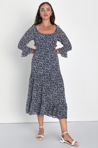Blissful Sweetie Navy Blue Paisley Tiered Cutout Midi Dress