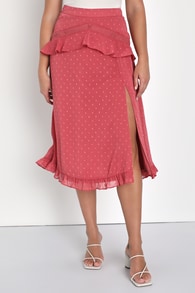 Such a Dreamer Rusty Rose Lace Ruffled Clip Dot Midi Skirt
