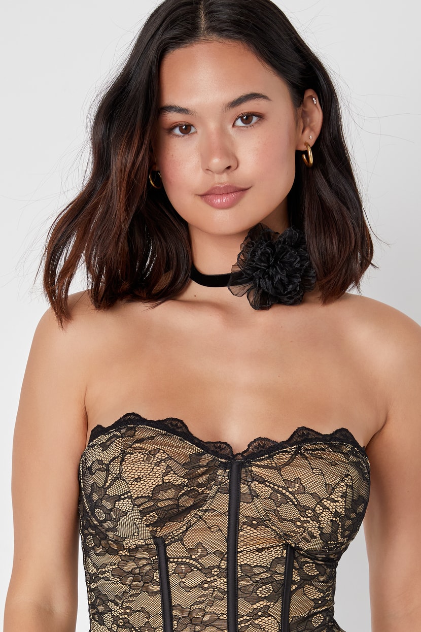 Fearless Flirt Black and Beige Lace Strapless Bustier Top