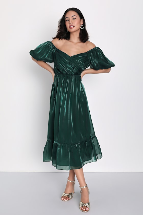 Remarkable Sensation Emerald Green Puff Sleeve Tiered Midi Dress - thumbnail 3