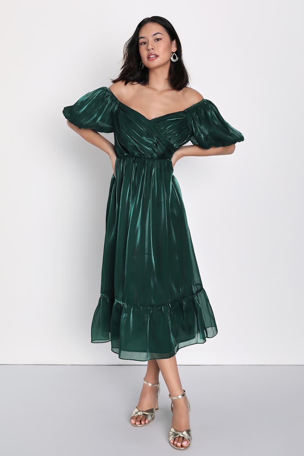 Remarkable Sensation Emerald Green Puff Sleeve Tiered Midi Dress