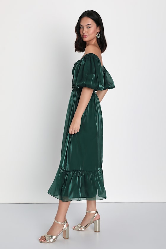 Remarkable Sensation Emerald Green Puff Sleeve Tiered Midi Dress - thumbnail 4