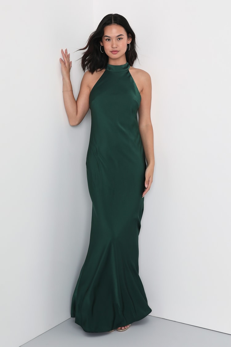 Astounding Elegance Emerald Green Satin Halter Maxi Dress