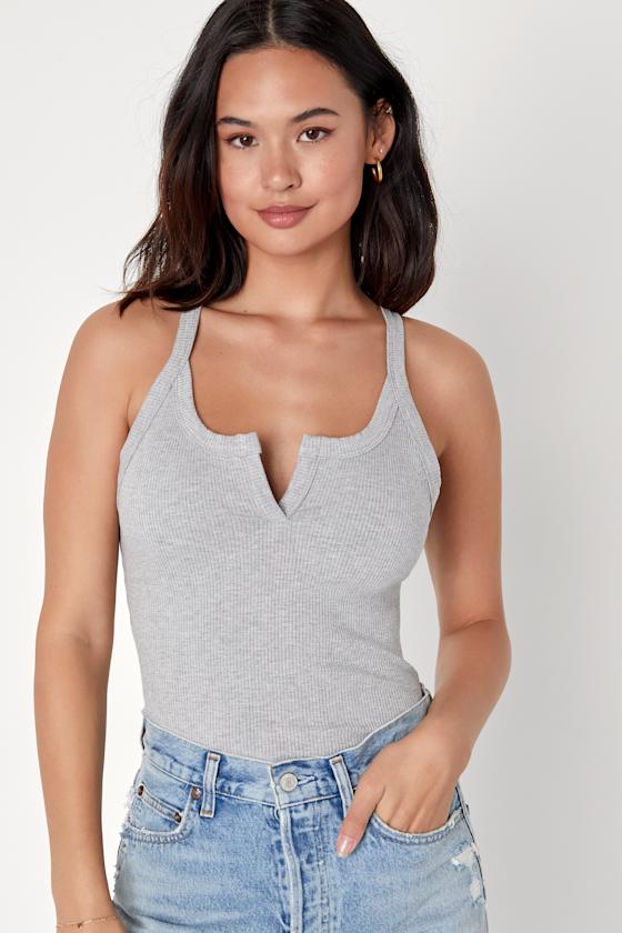 Heather Grey Ribbed Cami - White Notched Cami - Racerback Cami - Lulus