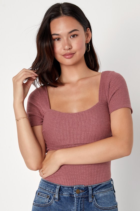 Lulus Quintessential Muse Mauve Ribbed Short Sleeve Top