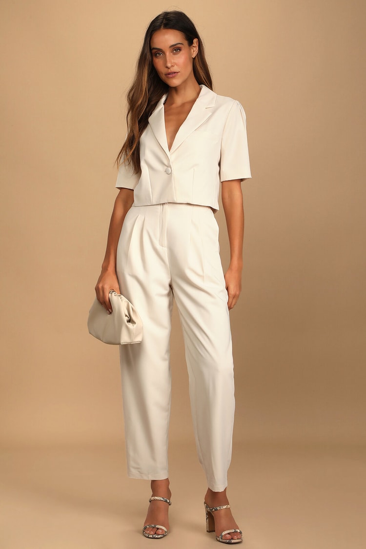 Posh Company Ivory Pleated High-Waisted Trouser Pants