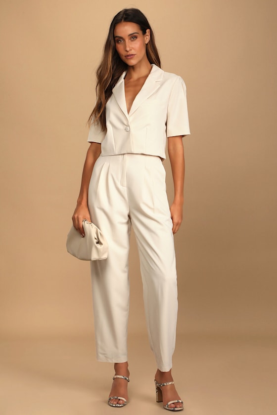 Posh Company Ivory Pleated High-Waisted Trouser Pants 8