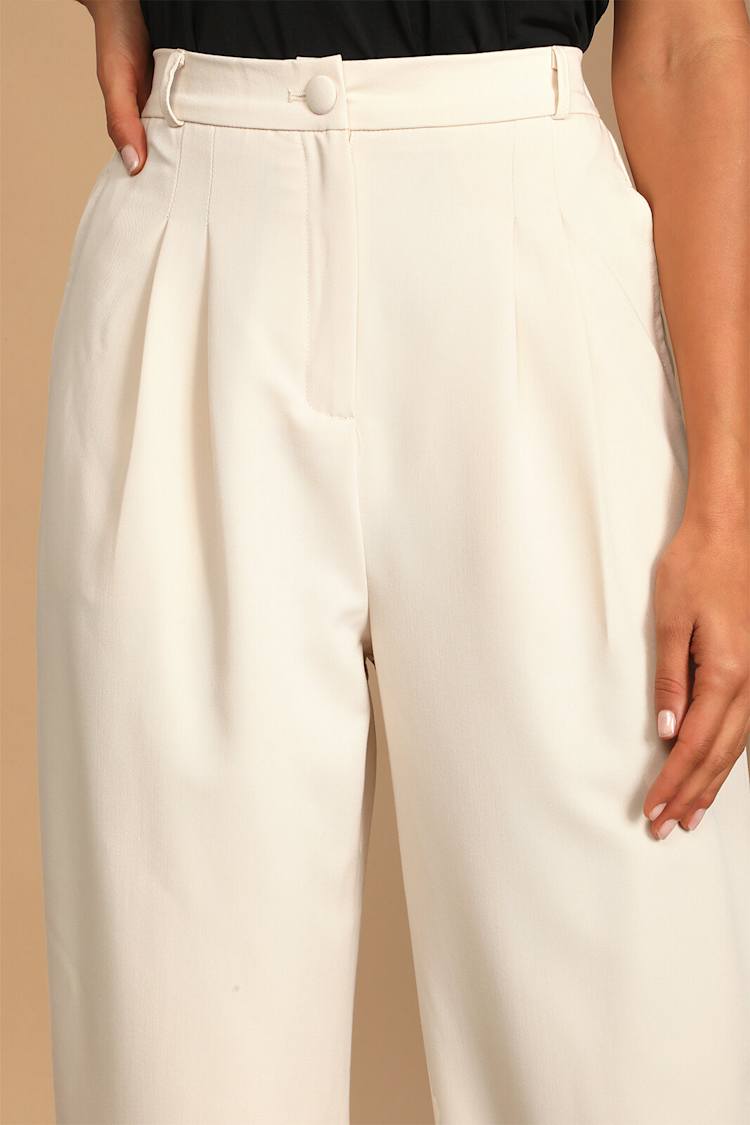Posh Company Ivory Pleated High-Waisted Trouser Pants