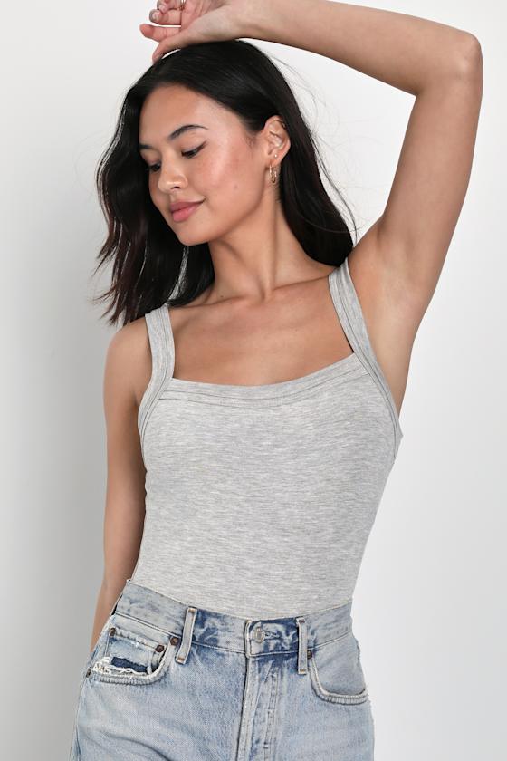 Heathered Grey Bodysuit - Square Neck Bodysuit - Jersey Knit Top