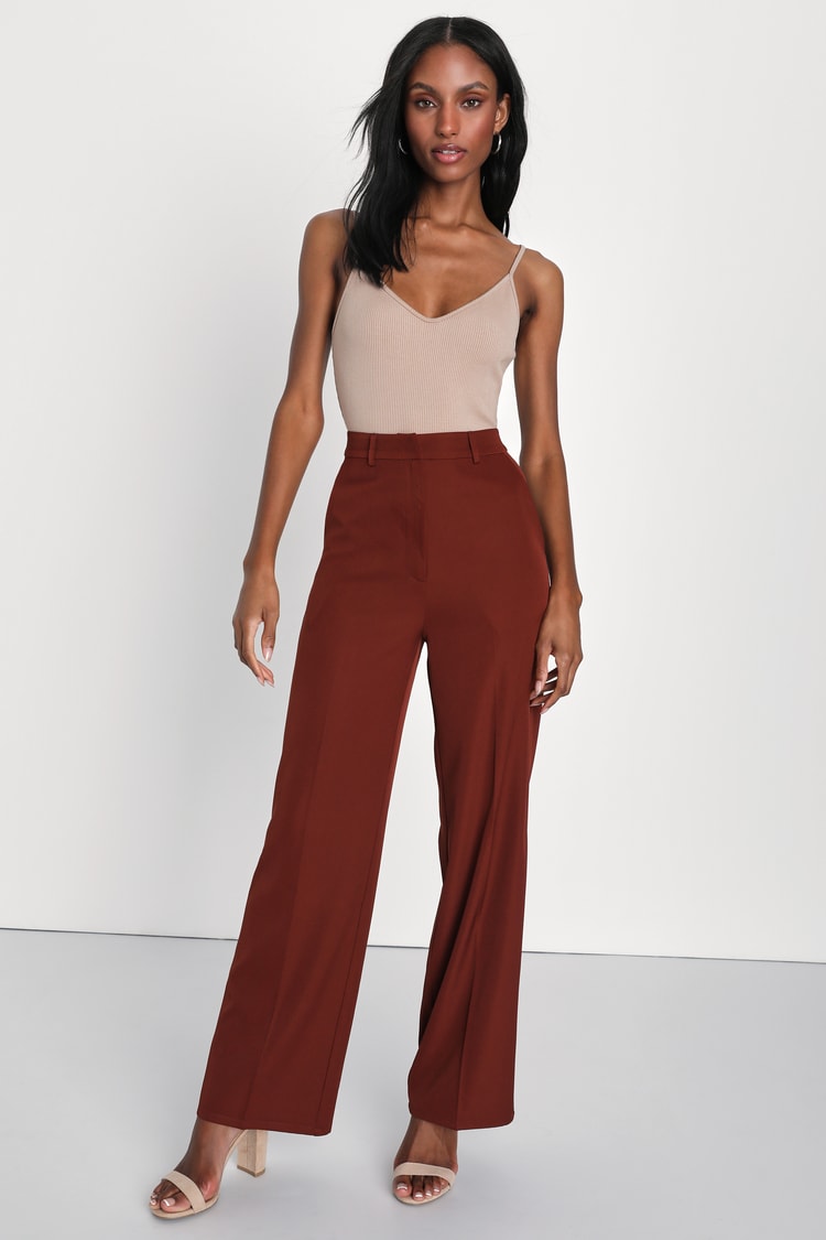 So Get This Rust Brown High-Waisted Wide-Leg Trouser Pants
