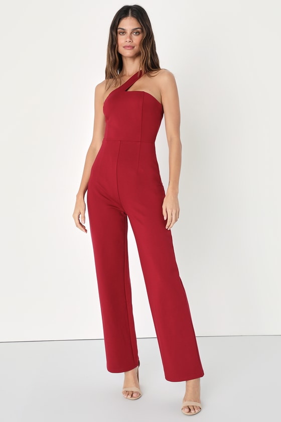 Lulus Always Enticing Burgundy Sleeveless One-shoulder Jumpsuit