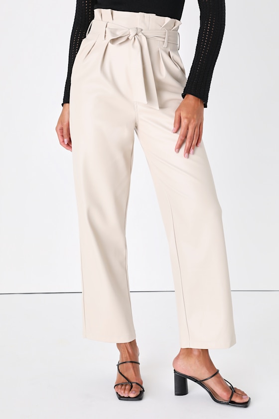 Change the Game Ivory Vegan Leather Paper Bag Waist Pants 2