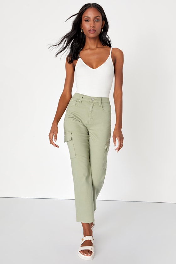 Casual Essential Sage Green High-Rise Cropped Cargo Pants 5