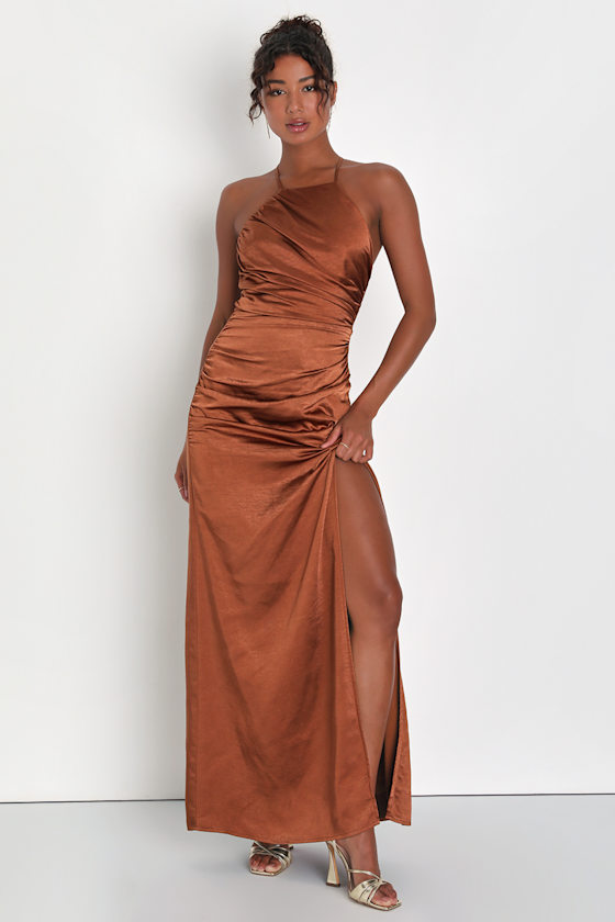 Bronze Satin Dress Ruched Maxi Dress Backless Maxi Dress Lulus