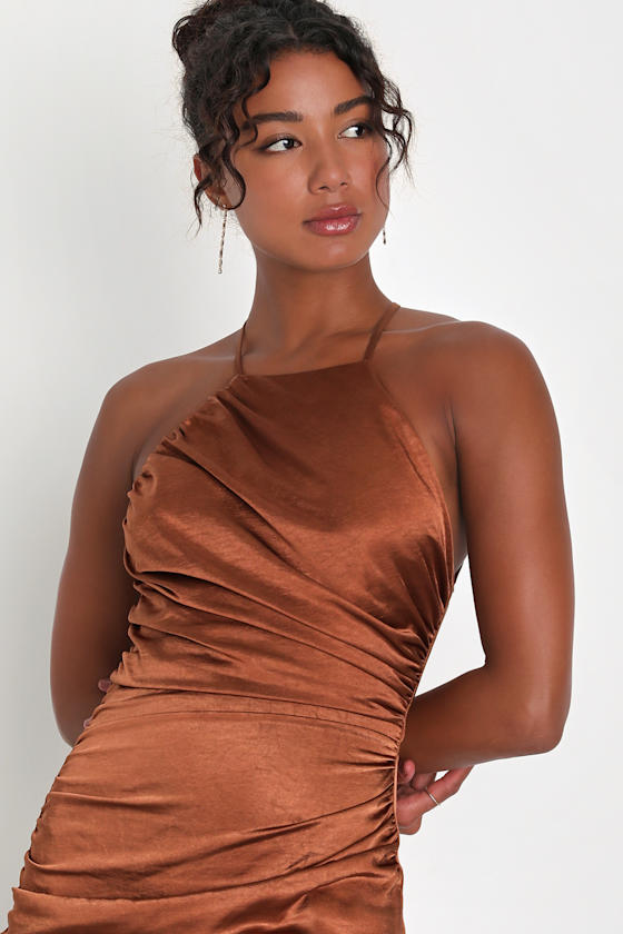 Bronze Satin Dress Ruched Maxi Dress Backless Maxi Dress Lulus