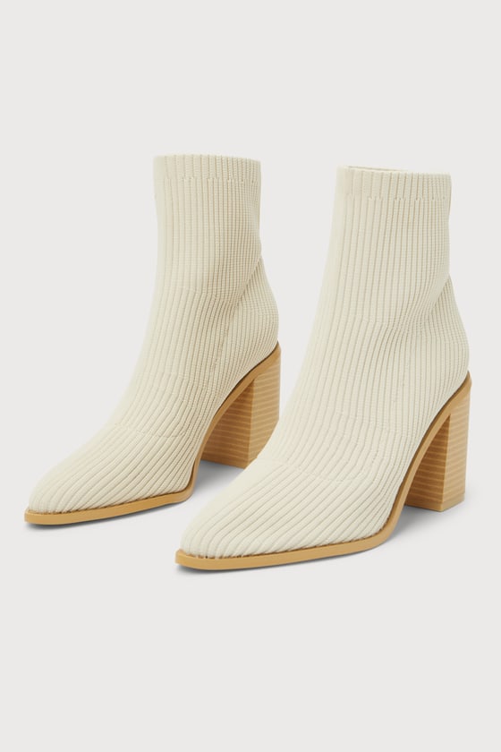 Lulus Farlie Almond Ribbed Knit Pointed-toe Sock High Heel Boots In White