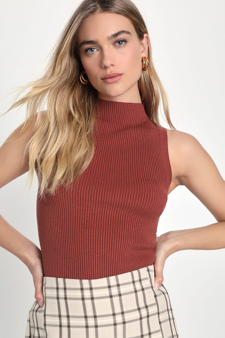 Seasonal Sophistication Rust Ribbed Mock Neck Sweater Tank Top