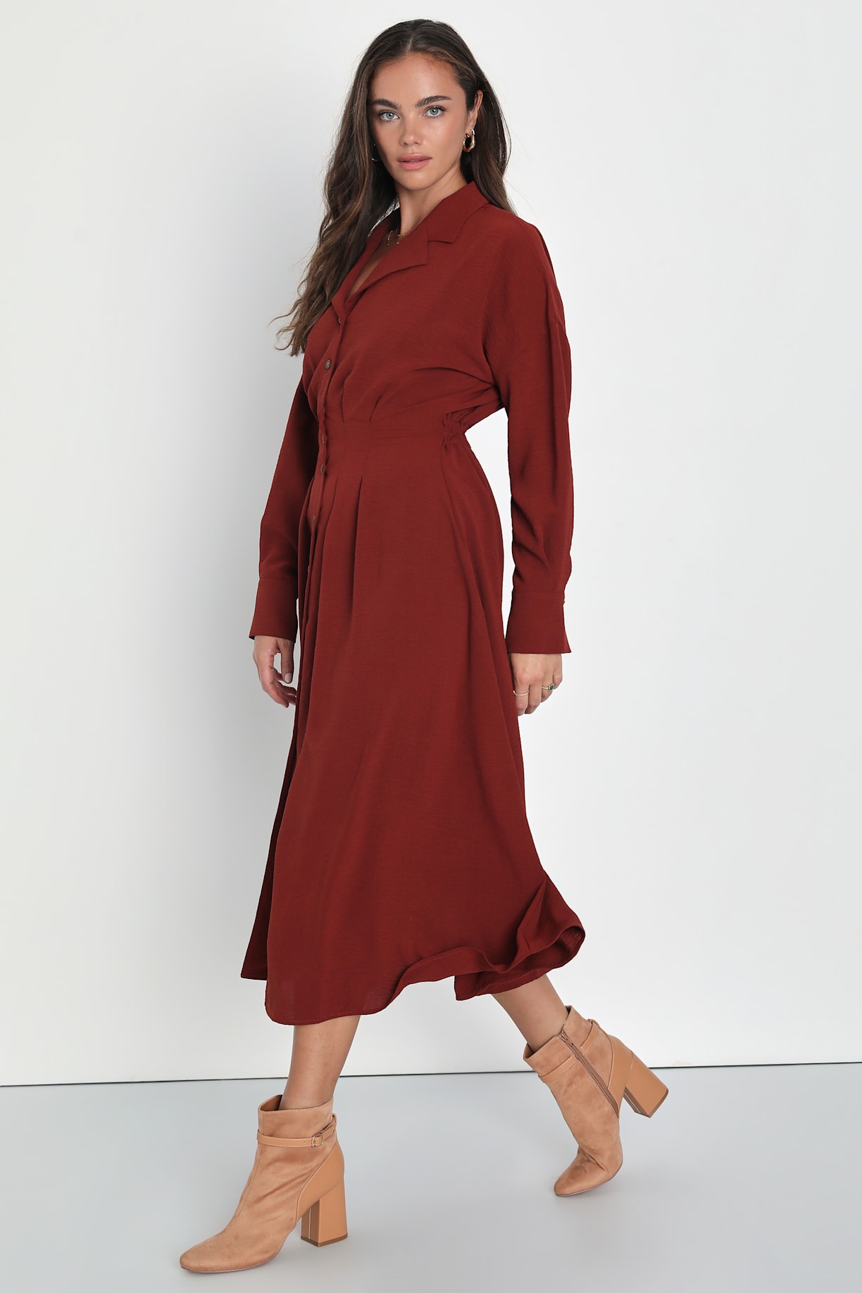 Timeless Class Rust Collared Button-Up Pleated Midi Dress