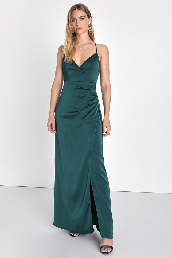 Lulus Elevated Elegance Emerald Green Satin Surplice Tulip Maxi Dress