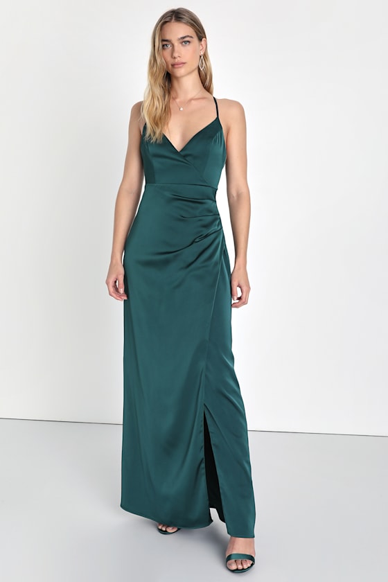 Emerald Gown - Satin Gown - Surplice Gown - Tulip Maxi Dress - Lulus